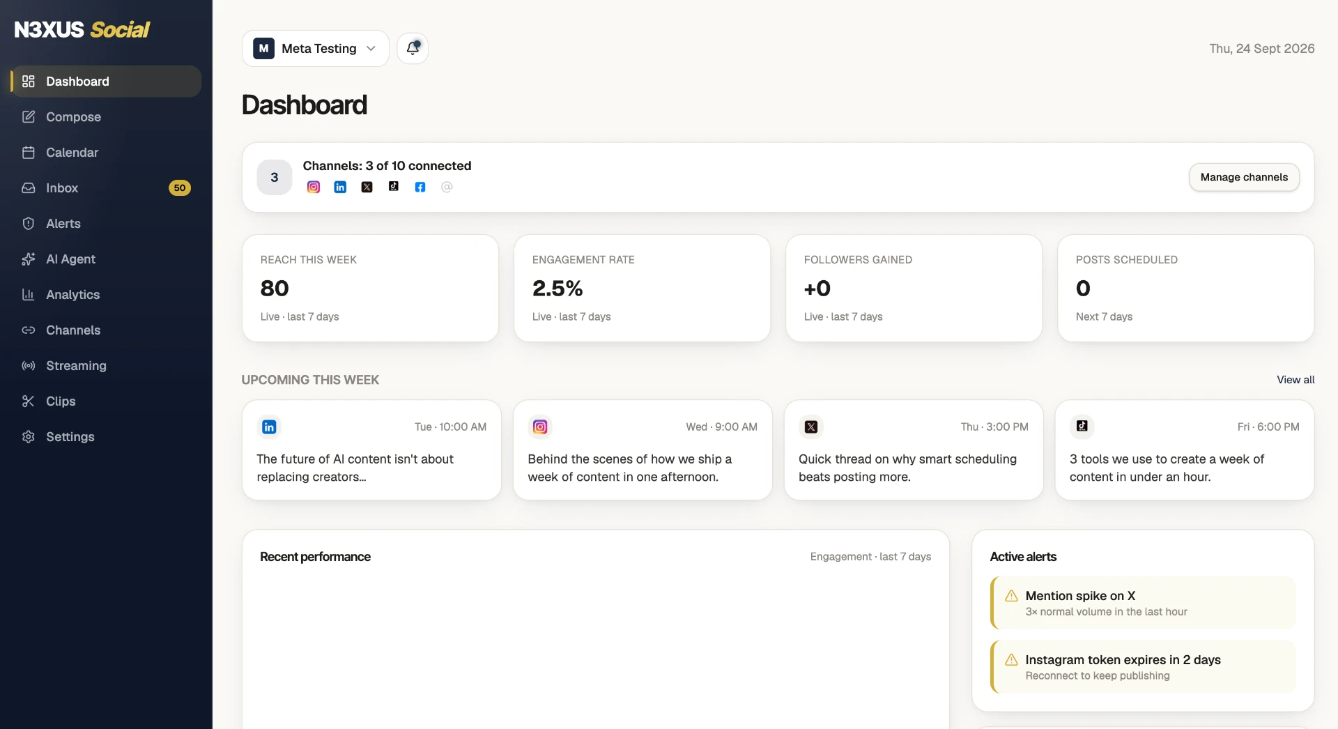N3XUS Social dashboard showing channels, weekly metrics, scheduled posts and alerts