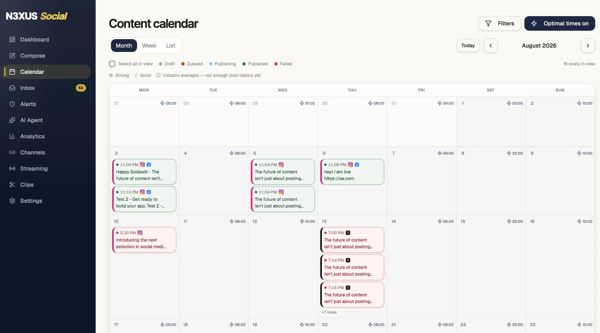 N3XUS Social content calendar with scheduled posts by status