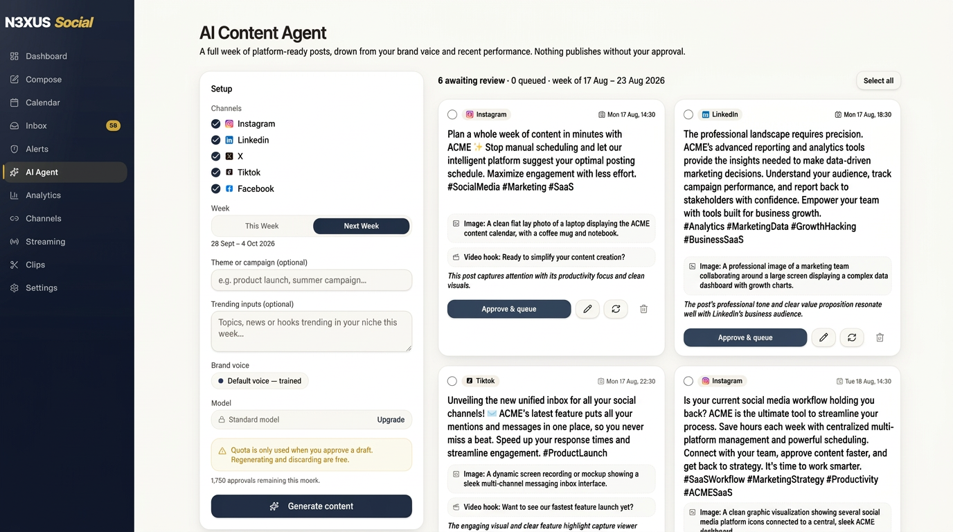 N3XUS Social AI Content Agent drafting a week of posts for review