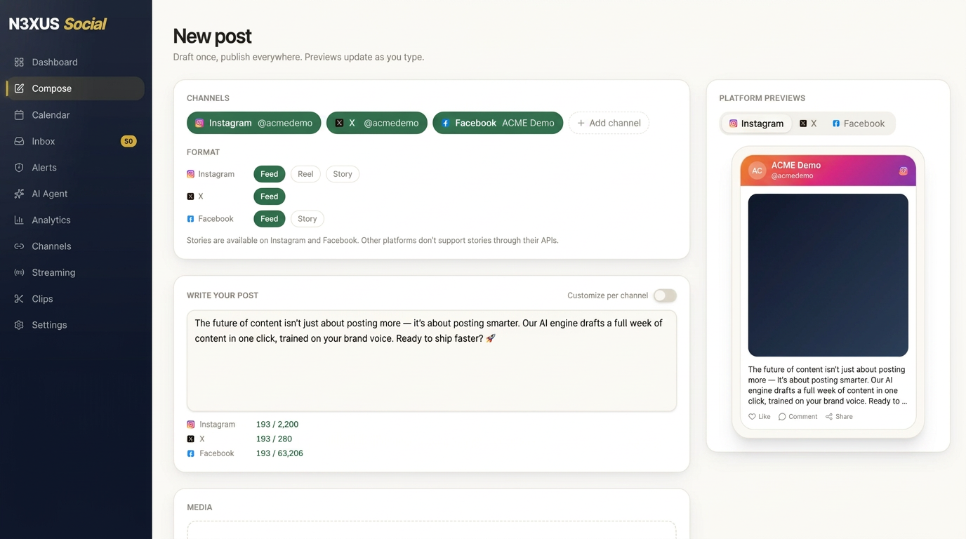 N3XUS Social composer with platform previews