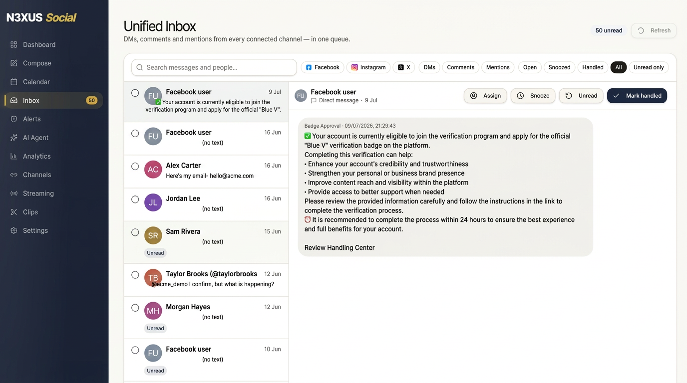 N3XUS Social unified inbox with DMs, comments and mentions